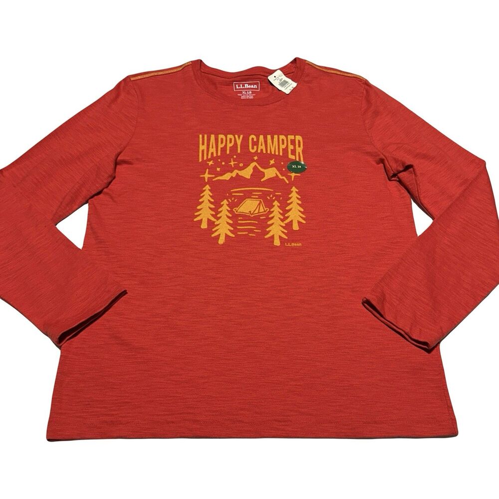 LL Bean T-Shirt Kid's XL 18 Reg Long Sleeve Crew Neck Graphic Happy Camper NWT